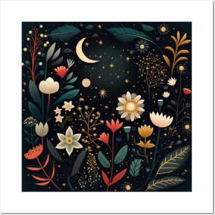 13. Celestial Bohemian Flowers Aesthetic Design Stars Moon Floral Cosmic Pattern Posters and Art